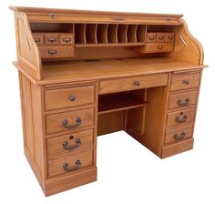 an old fashioned wooden desk with drawers on it's top and bottom drawer open