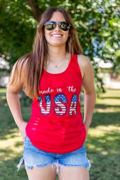 ⭐️WELCOME TO Triangle Ranch Designs  This is the perfect women's sized FITTED racerback tank top for those warmer months.  Show your patriotic pride with this USA cowboy tank top.  Great for those summer concerts coming up.  Makes a great gift!  Please check the size chart as this is a SLIM fit, not a unisex fit.  Thank you ⭐️Sizing and Coloring ⭐️ PLEASE make sure you refer to the size chart and select the right color and size for you so you will have the perfect shirt  - NO refunds or exchange Red Cotton Tank Top With Letter Print, Red Flag Print Tank Top For Summer, Red Tank Top With Flag Print For Summer, Red Cotton Tank Top For 4th Of July, American Flag Print Cotton Tank Top, Red Cotton Top For 4th Of July, Red Cotton Tops For 4th Of July, Red Flag Print Top For 4th Of July, Red Americana Tops With American Flag Print