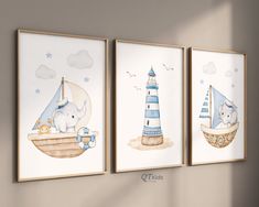 three paintings on the wall of a child's room with lighthouses and animals