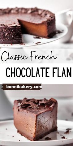 two pieces of chocolate cake on plates with the words classic french chocolate flan