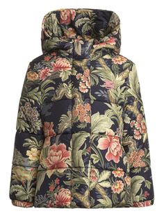 black/multicolour padded design all-over floral print classic hood concealed front fastening long sleeves straight hem Winter Hooded Floral Print Outerwear, Hooded Winter Outerwear With Floral Print, Hooded Floral Print Outerwear For Fall, Fitted Winter Outerwear With Floral Print, Winter Floral Print Fitted Outerwear, Multicolor Puffer Outerwear For Spring, Casual Winter Outerwear With Floral Print, Casual Floral Print Winter Outerwear, Casual Winter Floral Print Outerwear