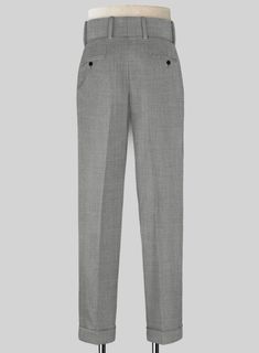 For a subtle yet sophisticated look opt for our Napolean Worsted Light Gray Wool Double Gurkha Trousers which is an excellent choice. Crafted from wool blend, the fabric of the trousers exude texture that is contemporary and versatile enough to don on any occasion. The best masterpiece you can have to add to your wardrobe. 
 
 Look Includes  Napolean Worsted Light Gray Wool Fabric  Cross Pocket  Two Pleated Front  Double Button Fastening Wide Waistband  Diamond Pocket On Right  1.5inch Trouser C Luxury Wool Dress Pants For Office, Wool Suits For Work With Straight Leg, Wool Suits With Straight Leg For Work, Wool Suits With Straight Leg, Tailored Luxury Dress Pants For Workwear, Wool Flat Front Bottoms For Workwear, Luxury Tailored Dress Pants For Workwear, Luxury Tapered Leg Dress Pants For Workwear, Luxury Dress Pants With Welt Pockets For Work