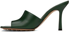 Grained lambskin slip-on heeled sandals in green. · Open square toe · Logo-embossed at padded lambskin footbed · Covered stiletto heel with rubber injection · Leather sole with rubber injections · Heel: H3.5 in Supplier color: Pine green Bottega Veneta Green, Pine Green, Heeled Sandals, Stiletto Heel, Bottega Veneta, Stiletto Heels, Sandals Heels, Slip On, Women Wear