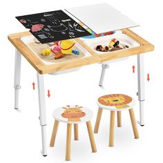 PRICES MAY VARY. 【KID'S VERSATILE TABLE & CHAIRS】The kids table and stools set includes 3 foldable storage bins, 2 double-side drawing boards (tabletop lids). Sauce Zhan activity table makes children dine, eat snacks, write, draw, play sand for creative play. The table is perfect for home, playroom, daycare, preschool and outdoor activities. Our chairs/stools come with cartoon (lion and giraffe) stickers to add a cute personal touch. 【WITNESS YOU CHILDREN GROWTH】The legs of play table are adjust Play Drawing, Play Sand, Sand Table, Sensory Table, Kids Table, Activity Table, Storage Bins, Stools, Design