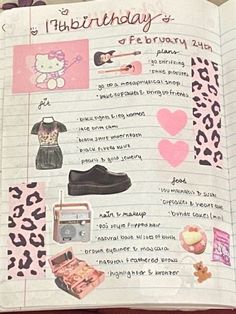 an open book with pictures and writing on it's pages, including pink leopard print