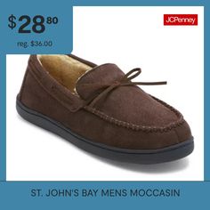 Look no further than this pair of St. John's Bay men's moccasin slippers for the perfect at-home lounging shoe come winter. Crafted with a plush faux fur lining, this slip-on style will look great with your favorite pair of sweatpants or jeans.Features: Memory FoamClosure Type: Slip-OnBase Material: 100% PolyesterUpper/Outer Base Material: 100% PolyesterShoe Lining Material: PolyesterSole Material Content: 60% Textile, 40% Thermoplastic-RubberCountry of Origin: Imported Mens Moccasin Slippers, Slippers Brown, Moccasin Slippers, Moccasins Mens, Moccasins Slippers, Moccasins, Memory Foam, Looks Great, Faux Fur