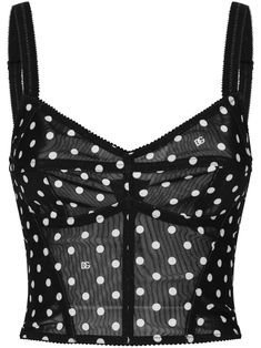 black/white semi-sheer construction polka dot print scallop edge V-neck adjustable spaghetti straps cropped Corset Top Black, Top Bustier, Scallop Edge, Chanel 2, City Dress, Tumblr Fashion, Iconic Bags, Demi Fine Jewelry, Boot Pumps