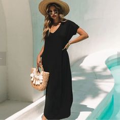 Womens Summer Dress Long Dress Casual Loose Maxi Dresses Beach Outfit 2024 Resort Hawaiian New Elegant Black Maxi Dress For Beach Cover-up, Black Maxi Beach Dress For Spring, Elegant Short Sleeve Beach Dress For Vacation, Black Bohemian Maxi Dress For Summer, Casual Short Sleeve Maxi Dress For Beach Cover-up, Casual Short Sleeve Maxi Dress For Beach, Black Summer Maxi Dress For Vacation, Black Summer Beachwear Dress, Black Maxi Length Beach Dress