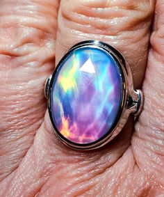 Big Rainbow Aurora Opal Ring, 13x18mm Lab Created Rose Cut Doublet Synthetic Opal, See Gorgeous Colors On Video! 925 Sterling Silver Bezel Ring, Rhodium Plated. Size 8. Velvet Ring Box *We Have Another Color Pattern Listed Also Aurora Opal, Velvet Ring Box, Synthetic Opal, Bezel Ring, Opal Ring, Silver Cuff, Opal Rings, Ring Box, Rings Statement