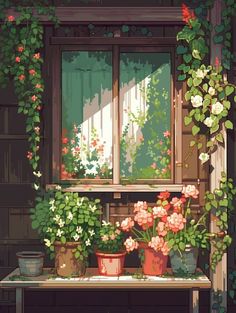 a painting of flowers and potted plants in front of a window