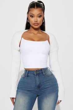 Available In Black, Ivory, And Hot Pink. Bolero Sweater Long Sleeve Cropped Ribbed 100% Polyester Imported | Robyn Bolero Sweater in Ivory size Small by Fashion Nova White Bolero Outfit Aesthetic, Aesthetic Bolero Outfits, Crop Sweater, Casual Fitted Cropped Shrug, White Knit Bolero Outfit, Bolero Outfit, Bolero Hoodie, Cropped Sweater Outfit, Big Lips Natural