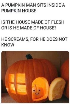 a pumpkin carved to look like a house with a hole in the front and inside