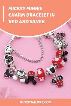 Our latest addition to the jewelry collection is the Red and Silver Charm Bracelet with a Mickey Minnie Pendant Bead. This piece of jewelry is perfect for Disney fanatics and those who want to showcase their playful side in their style. The adorable Mickey and Minnie pendant on this bracelet will bring out the childlike wonder in you. Get your hands on this stunning piece today! Themed Silver Jewelry For Disney Fan Events, Disney Silver Bracelet Gift, Disney Silver Bracelet For A Gift, Silver Disney Charm Bracelet Gift, Silver Disney Bracelet For Gift, Silver Disney Charm Bracelet As A Gift, Silver Disney Bracelet As Gift, Disney Silver Charms Jewelry, Disney Silver Jewelry With Charms