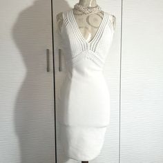 Gorgeous Body Hugging Super Stretchy Dress That Works Like Shape-Wear! New With Tags, Size S, About 14” Ptp And Stretches By At Least 3” More Inches, About 35” Long. Zipper Opens All The Way. Cart2 White Sleeveless Lined Bodycon Dress, Elegant White Lined Bodycon Dress, White Lined V-neck Midi Dress, White V-neck Bodycon Dress For Brunch, Fitted White V-neck Midi Dress, White Lined Bodycon Dress, Chic White Lined Bodycon Dress, White Lined Bodycon Dress For Date Night, Black Fringe Dress