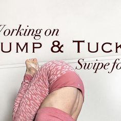 a woman leaning against a wall with her hand on her head and the words working on bump & tuck supe for