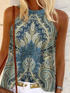 Bohemian Printed Tank Top, Bohemian Printed Tank Top For The Beach, Patterned Sleeveless Printed Tank Top, Bohemian Tank Top With Floral Print, Bohemian Printed Tank Top For Vacation, Bohemian Floral Print Tank Top, Bohemian Floral Print Sleeveless Tank Top, Bohemian Floral Print Sleeveless Blouse Tank Top, Patterned Printed Tank Top For Beach