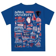 a blue t - shirt with the words depaul university in red and white