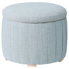 a light blue ottoman with wooden legs and an upholstered cushion on the top