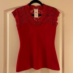 Cache Lace Top, New With Tags. Elegant Fitted Red Top, Elegant Red Tops For Evening, Elegant Red Top For Evening, Elegant Red Evening Top, Elegant Red Tops For Date Night, Elegant Red Top For Date Night, Lace Tee Shirt, Wide Straps Top, Silky Top