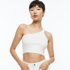 Fitted, One-Shoulder Crop Top In Ribbed Cotton Jersey With One Narrow Shoulder Strap. Perfect For Summer On Its Own Or With A Shirt On Top. Size: Medium Condition: New With Tags White Stretch One Shoulder Casual Top, White Stretch One-shoulder Top, White One-shoulder Stretch Top, Casual White One-shoulder Crop Top, Trendy White Off-shoulder Crop Top, Fitted White One Shoulder Top, White Fitted One-shoulder Top, White Stretch One-shoulder Crop Top, White One-shoulder Stretch Tank Top