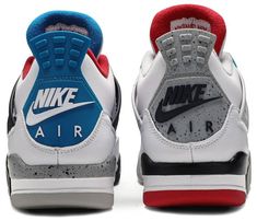 Released in November 2019 . the Air Jordan 4 Retro SE ‘What The 4’ takes the original four colorways of the Air Jordan 4 and combines them in a ‘What The’ format that has been seen on several Nike silhouettes. This original color palette is realized on the entire shoe . with the beloved Varsity Red . Cement Grey and Military Blue that Jordan 4 fans recognize and love. The discordant aesthetic works across the leather uppers . signature lacing wings and Jumpman logos on the tongue and heel to create something familiar yet new.