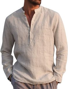 NEW W/TAG COLOR: BEIGE MEN'S SIZE L LARGE AUDATE Mens Cotton Linen Shirt Casual Long Sleeve Henley Shirt Solid Tops 75% Cotton, 25% Linen Pull On closure GRANDAD STYLE --The shirt does not have buttons down its whole length as per the standard for Grandad shirts, but rather has five white buttons from collar to chest;  the white buttons can set off and contrast the navy very well. DO WHATEVER YOU WANT -- With the shirt slipped on over the head and allow for a fully buttoned or fully opened look Mens Linen Shorts, Hip Hop Print, Mens Linen, Hooded Sweatshirt Men, Henley Shirt, Mens Hooded, Men Shirt Style, Komplette Outfits, Streetwear Women