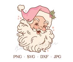 a cartoon santa claus with holly leaves on his head and the words png svg dxf