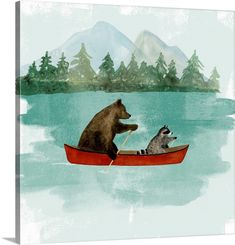 two raccoons are in a boat on the water