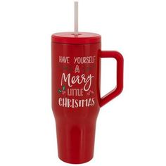 a red travel mug that says have yourself a merry little christmas