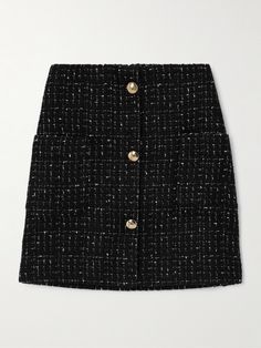 A tweed skirt always looks polished and sophisticated, but especially so in the hands of Anine Bing. Flecked with shimmering metallic threads, it has an A-line silhouette and is complete with patch pockets and logo-embossed gold-tone buttons. Alaia Mini, Fav Aesthetic, Money Clothes, Breton Stripes, Tweed Mini Skirt, Boucle Jacket, Exclusive Dress, Raffia Bag, Tweed Skirt