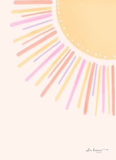 the sun is shining brightly in pink, yellow and orange colors on a pale background