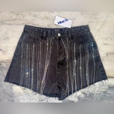 Brand New With Tags Blue B Brand Black Denim With Trendy Silver Chain And Rhinestone Detail Size Medium Rhinestone Shorts, Black Denim, Black Silver, Jean Shorts, Silver Chain, Size Medium, Womens Shorts, Brand New, Tags