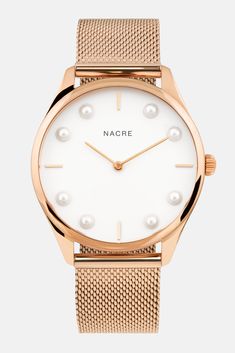 Lune 8 - Rose Gold and White - Rose Gold Mesh                      – Nacre Lunar Phases, Minimalist Watch, Saddle Leather, Stainless Steel Mesh, Telling Time, Steel Mesh, Navy Leather, White Rose Gold, Matte Gold