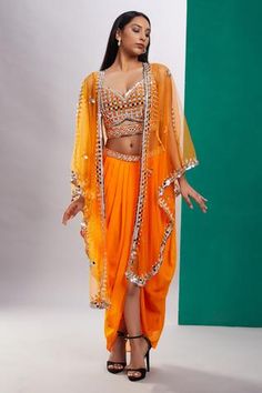 Shop for Preeti S Kapoor Orange Dupion Mirror Work Cape And Skirt Set for Women Online at Aza Fashions Sheer Cape, Orange Mirror, Cutout Blouse, Sequin Embroidery, Open Sleeve, Stylish Party Dresses, Sequins Embroidery, Style Skirt, Mirror Work