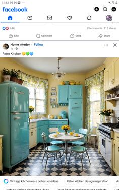 Retro turquoise and yellow kitchen Yellow Turquoise Kitchen, Vintage Yellow Kitchen, Retro Style Kitchen, Turquoise Kitchen, Yellow Turquoise, Yellow Kitchen, Style Kitchen, Retro Home, Kitchen Styling