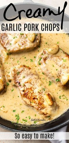 creamy garlic pork chops with potatoes and gravy in a skillet