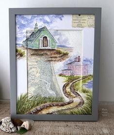 a drawing of a house on top of a hill with a road going through it