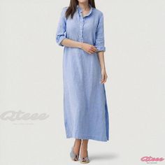 Qteee - Relaxed and Vintage-style Long Dress with Loose Fit, Stand Collar, Long Sleeves, and Button-Down Shirt Design Retro Midi Dress, Vintage Long Dress, Button Shirt Dress, Diy Clothes And Shoes, Button Down Shirt Dress, Floral Print Midi Dress, Vintage Maxi Dress, Vintage Button, Light Blue Color