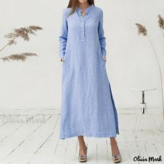 Olivia Mark - Sophisticated Long Maxi Dress with Flared Hem Floryday Vestidos, Sukienki Plus Size, Button Shirt Dress, Maxi Shirts, Dress Stand, Womens Fall Dress, Cotton Linen Dresses, Vestidos Vintage, Long Shirt Dress