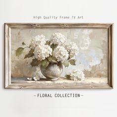 a painting of white flowers in a silver vase on a table with the words floral collection below it