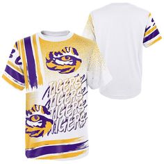 Boldly gear up your young fan for game day with this LSU Tigers Gametime Multi-Hit T-shirt. It features oversized team graphics across the front in the form of colorful wordmarks, team logos and stylized stripes. One look at the collage of LSU Tigers iconography on this shirt will leave no doubt about your kiddo's ever-growing love of their favorites.Boldly gear up your young fan for game day with this LSU Tigers Gametime Multi-Hit T-shirt. It features oversized team graphics across the front in the form of colorful wordmarks, team logos and stylized stripes. One look at the collage of LSU Tigers iconography on this shirt will leave no doubt about your kiddo's ever-growing love of their favorites.PRODUCT FEATURESImportedBrand: OuterstuffMaterial: 100% CottonShort sleeveMachine wash with ga Ralph Lauren Style, Mens Home, Lsu Tigers, Oversized T Shirt, Hot Toys, Jersey Tee, Oversized Tshirt, Kids House, Game Day