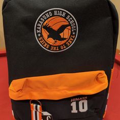 Haikyu "Take To The Skies" #10 Hinata Black And Orange Backpack Polyester Casual Orange Backpack Bag, Orange Bags For Back To School, Orange Backpack For Daily Use, Orange Rectangular Backpack For Daily Use, Orange Backpack With Adjustable Strap, Orange Backpack For Everyday Use And Back To School, Orange Standard Backpack For School, Casual Orange Backpack, Casual Orange Standard Backpack