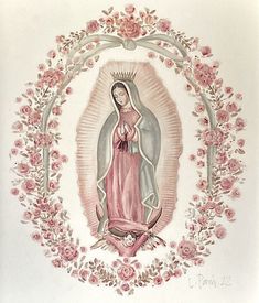 the virgin mary is surrounded by pink roses