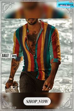 Men's Shirt Striped Collar Street Daily Button-down Print Long Sleeve Tops Casual Fashion Breathable Comfortable Green / Fall / Winter Multicolor Shirt With Casual Collar And Buttons, Multicolor Beach Shirt For Fall, Retro Long Sleeve Shirt For Beach, Retro Long Sleeve Beach Shirt, Multicolor Beach Shirt With Button Closure, Multicolor Button Closure Beach Shirt, Long Sleeve Tops Casual, Tops Casual, Cotton Tops