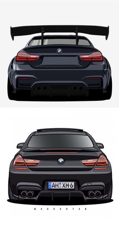 the back and side view of a black bmw car with its hood open, in three different views