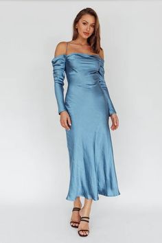 Shop the Ellory Long Sleeve Off-Shoulder Dress Blue | Selfie Leslie Elegant Off Shoulder Midi Dress For Fall, Off-shoulder Midi Dress For Fall Party, Fall Off-shoulder Midi Dress For Party, Elegant Long Sleeve Off Shoulder Dress For Fall, Fall Party Off-shoulder Midi Dress, Blue Midi Dress With Straight Neckline For Party, Blue Party Midi Dress With Straight Neckline, Fall Evening Cold Shoulder Dress, Spring Off-shoulder Maxi Dress For Dinner