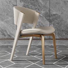 a white chair sitting on top of a gray carpet next to a wall with marble walls