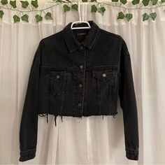 Brand: Shein Size: Small Color: Black Distressed Black Denim Cropped Jacket. Has A Boxy, Oversized Look. Can Fit A Small-Medium, Possibly Large, It Is Very Big On Me. Model Pictures Are From The Website. No Tags But Brand New, Never Worn!! For Reference I Am 5ft, Usually Size Xs-S In All Clothing, And My Waist Is About 26-27 Inches. Trendy Cropped Jacket With Frayed Hem For Fall, Edgy Denim Jacket With Frayed Hem For Streetwear, Trendy Washed Black Long Sleeve Denim Jacket, Black Denim Outerwear With Frayed Hem, Trendy Washed Black Denim Jacket, Edgy Long Sleeve Dark Wash Denim Jacket, Edgy Dark Wash Denim Jacket With Long Sleeves, Grunge Cotton Outerwear With Frayed Hem, Black Washed Denim Jacket For Spring