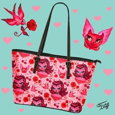 ✦ Made to Order ✦ Please allow about 2 weeks for it to ship out.💋 A fabulous purse featuring a retro rockabilly, tattoo inspired devil doll with roses and cherries on pink! Original art by Claudette Barjoud, Miss Fluff ❤︎ About the Bag: • It has a leather look but is made of high quality vinyl. • Dimensions 19" wide by 12" high by 6" deep. • top zipper closure to keep everything in place. • inside it has zippered pocket on one side and more pockets on the other side to keep your phone , keys an Pop Art Tote Bag, Rockabilly Tattoo, Miss Fluff, Horror Punk, Lush Bath, Fancy Bags, Purses And Handbags, Original Art, Fashion Inspo