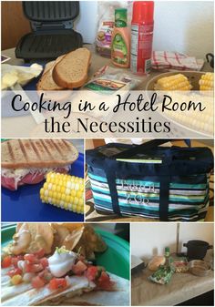 the collage shows different types of food in a hotel room, including sandwiches and corn on the cob